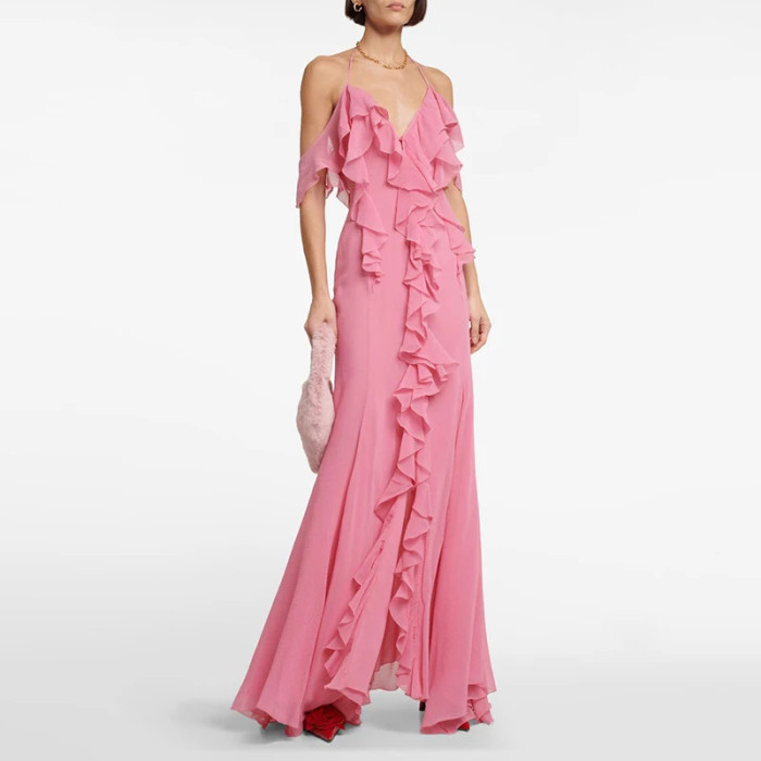 👗 Chiffon Ruffle Hollow-Out Maxi Dress | Women's Elegant Suspender Beach Gown ✨