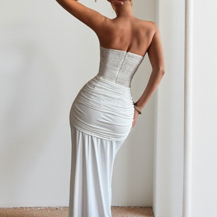 ✨ Sequin Tube Top Pleated Party Dress | Women's High Waist Glitter Wrap Hips Birthday Gown ✨