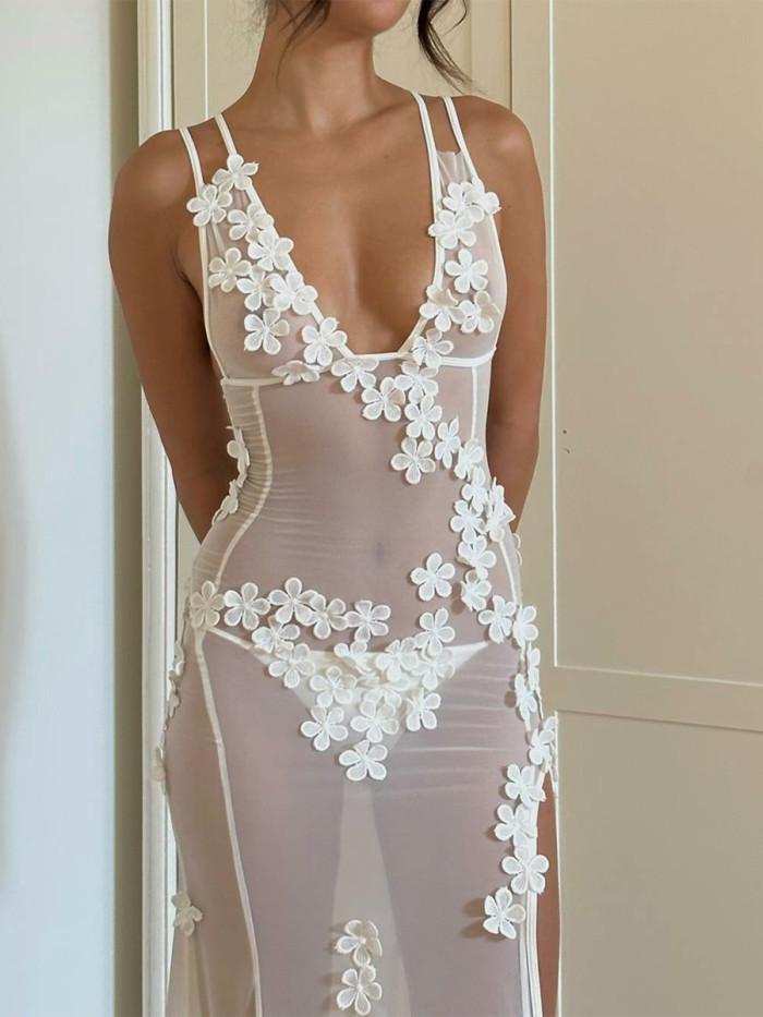 🌸 Sheer Mesh Flower Slit Party Dress | Women's Sexy V-Neck Cocktail Gown ✨