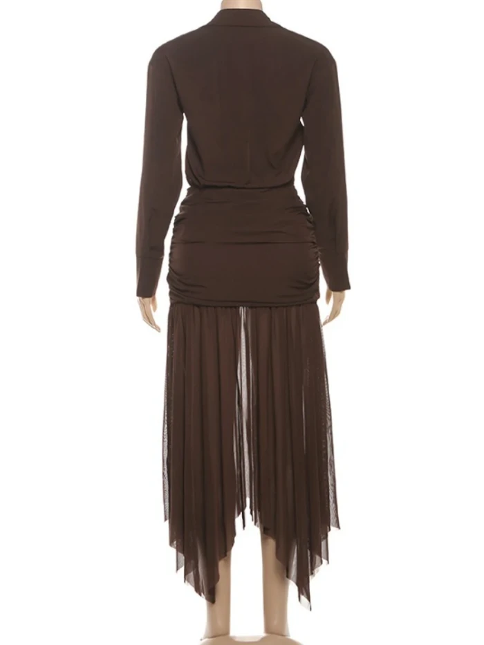 👗 Mesh Pleated Turndown Neck Midi Dress | Women's Slim Solid Streetwear ✨