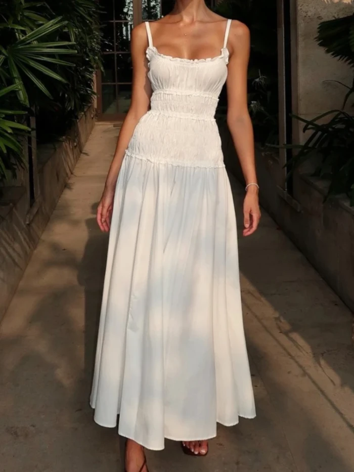 New Sexy Slash Neck Folds Camisole Long Dress Women's Sleeveless Slim Backless High-Waist Fashion New Women Bodycon Maxi Dress