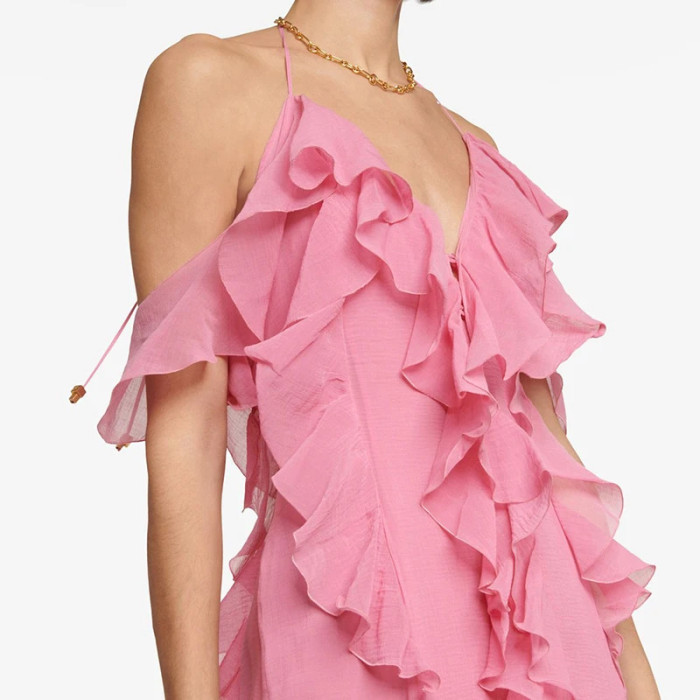 👗 Chiffon Ruffle Hollow-Out Maxi Dress | Women's Elegant Suspender Beach Gown ✨