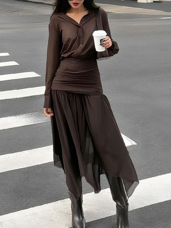 👗 Mesh Pleated Turndown Neck Midi Dress | Women's Slim Solid Streetwear ✨