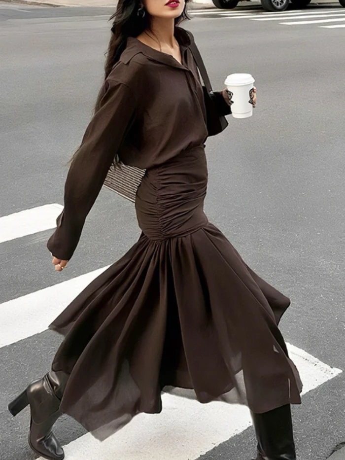 👗 Mesh Pleated Turndown Neck Midi Dress | Women's Slim Solid Streetwear ✨