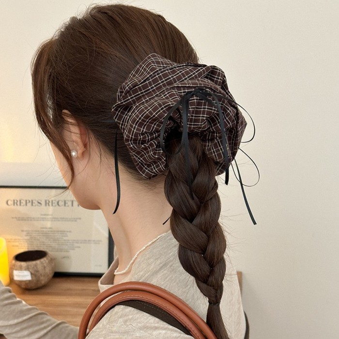 Korean Style Literary Gingham Ribbon Bow Tie Large Intestine Hair Ring Rubber Band Female Hairband Low Ponytail Hair Ring Hair Accessory
