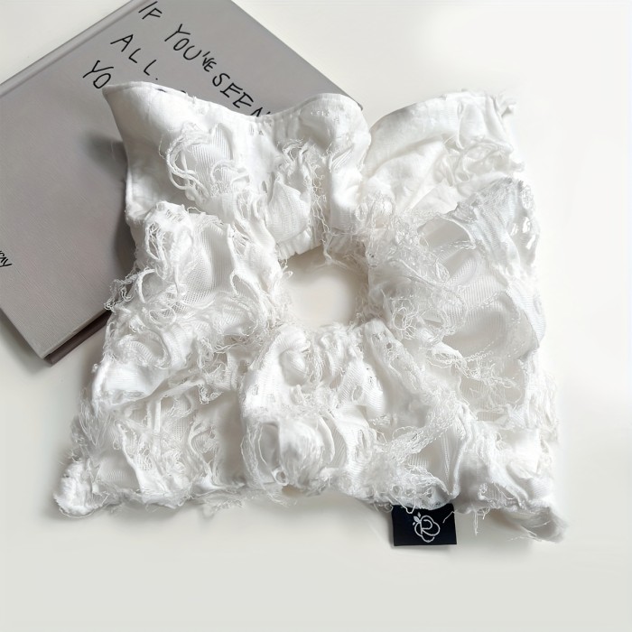 Vintage-Inspired Large Square Hair Scarf with Hollow Rubber Band - High Elasticity, Durable Ponytail Holder for Women, Elegant Gray & White Design, Perfect for Valentine's Day or Everyday Use, Cute Hair Accessories