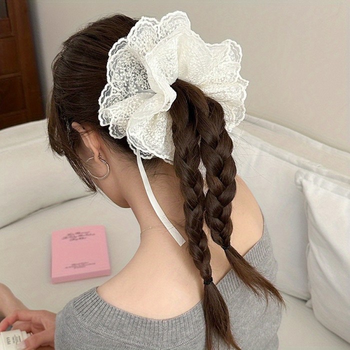 Adjustable Lace Hair Ring with Pull-Out Bow - Sweet Style Fabric Hair Accessory for Ponytails, Buns & Updos, Secure Hold Hair Flower for Women, Ponytail Hair Accessory, Bunmaking Accessory, Elegant Hairpiece, Soft Texture