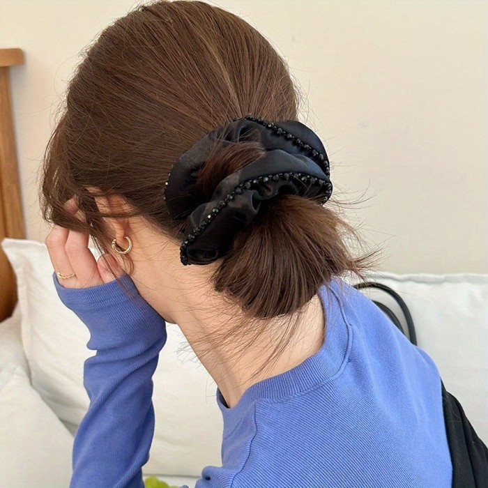 Satin Temperament High Sense Black Large Intestine Hair Ring Female Romantic French Simple Intestinal Ring Commuting Versatile Hair Accessory