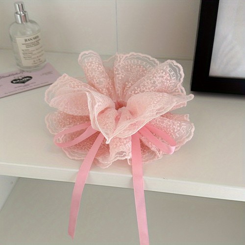 Adjustable Lace Hair Ring with Pull-Out Bow - Sweet Style Fabric Hair Accessory for Ponytails, Buns & Updos, Secure Hold Hair Flower for Women, Ponytail Hair Accessory, Bunmaking Accessory, Elegant Hairpiece, Soft Texture