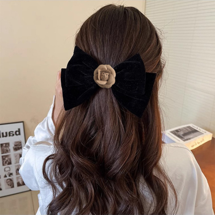 Women's Elegant Black Velvet Hair Clip with Bow & Imitation Pearl Accent - Luxurious Spring Mechanism, Hold for Thick Hair, Sophisticated Hairpin for Parties, Weddings, Everyday - Dainty Hair (Minimalist Design, One-Size-Fits-All, Solid Black Color