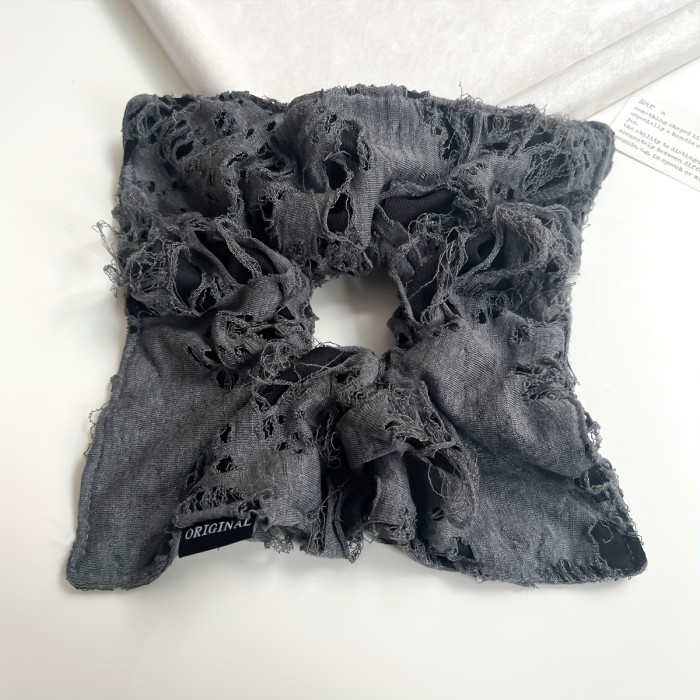 Vintage-Inspired Large Square Hair Scarf with Hollow Rubber Band - High Elasticity, Durable Ponytail Holder for Women, Elegant Gray & White Design, Perfect for Valentine's Day or Everyday Use, Cute Hair Accessories