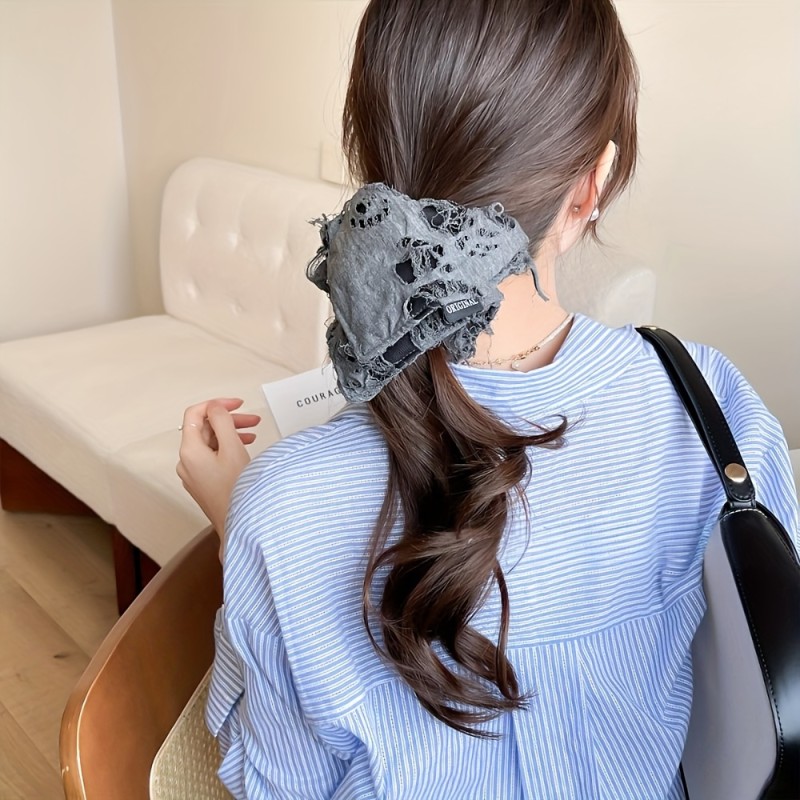 Vintage-Inspired Large Square Hair Scarf with Hollow Rubber Band - High Elasticity, Durable Ponytail Holder for Women, Elegant Gray & White Design, Perfect for Valentine's Day or Everyday Use, Cute Hair Accessories