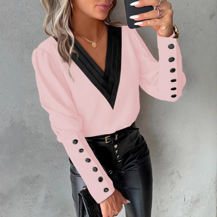 Women's V-Neck Long Sleeve Shirt Color Block Button Up Blouse Elegant Autumn Spring Top