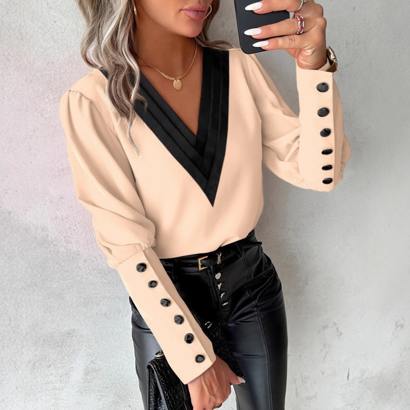 Women's V-Neck Long Sleeve Shirt Color Block Button Up Blouse Elegant Autumn Spring Top