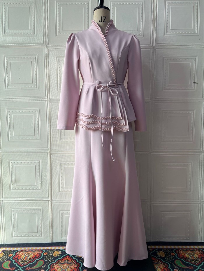 Elegant V-Neck Top & Long Skirt Set – Lace-Up Waist Slim 2-Piece Outfit with Pearl Splicing ✨🤍