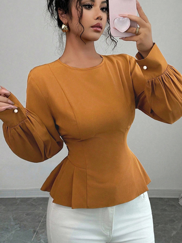 Solid Color Ruffled Puff Sleeve Asymmetric Blouse ✨