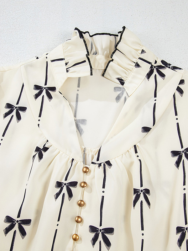 Split-Joint Printed Contrast Color Bowknot Short Sleeves Ruffle Sleeves Stand Collar Midi Dresses