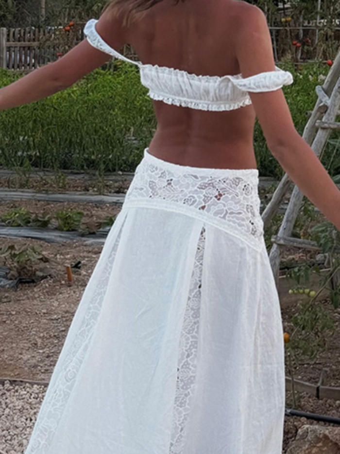 Elegant Lady Solid Color Vacation Two Piece Sexy Hollow Out Halter Crop Tops&Half Skirts Sets Summer New Slim Beach Bikini Sets