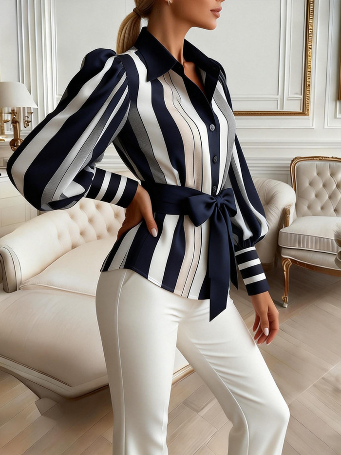 Elasticated Waist High Waisted Belted Bow-Embellished Contrast Color Split-Joint Striped Lapel Blouses&Shirts Tops