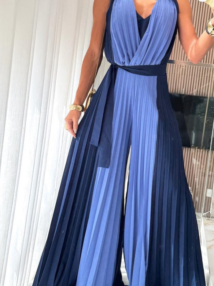 Elegant V-neck Pleated Commute Rompers Lady High Waist Hollow Out Playsuits Fashion Contrast Color Sleeveless Wide Leg Jumpsuits