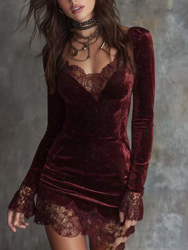 Sexy French Retro! V - neck Lace - Spliced Velvet Banquet Dress✨