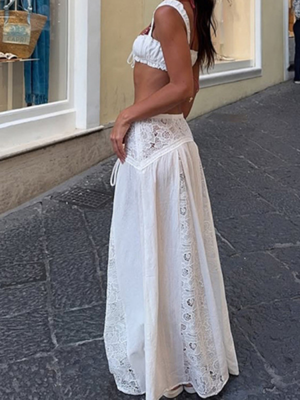 Elegant Lady Solid Color Vacation Two Piece Sexy Hollow Out Halter Crop Tops&Half Skirts Sets Summer New Slim Beach Bikini Sets