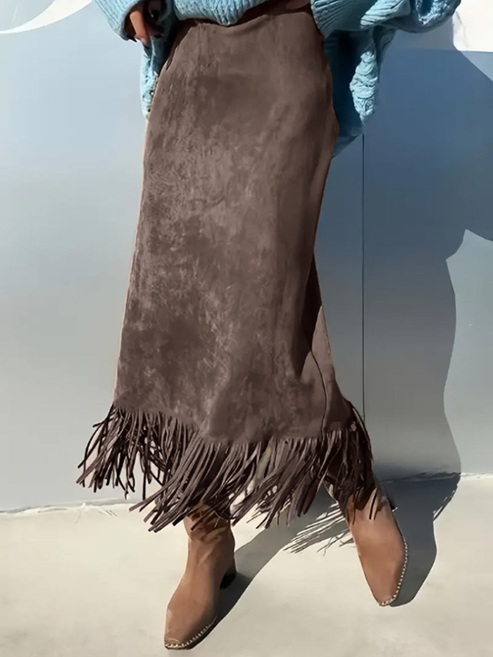 Casual Women's High Waist Commute Skirts Autumn Winter New Wrap Hips Skirt Vintage Solid High Waist Tassel Hem Suede-like Skirts