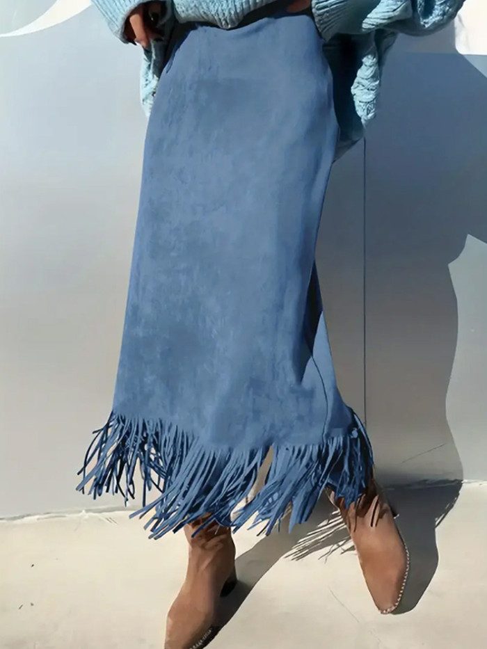 Casual Women's High Waist Commute Skirts Autumn Winter New Wrap Hips Skirt Vintage Solid High Waist Tassel Hem Suede-like Skirts
