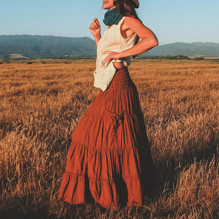 Summer New Elastic Waist Pocket Skirts Elegant Pleated Women's Commute A-line Skirt Casual Solid Color Bohemian Loose Half Skirt