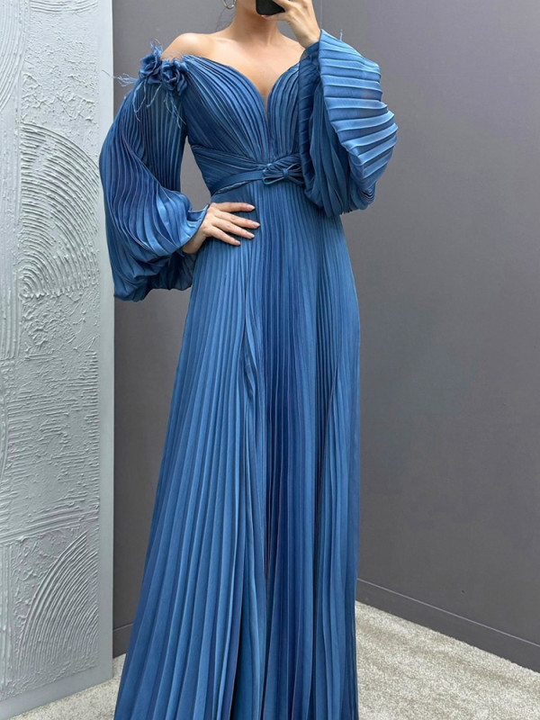 Luxury Long Sleeve Solid Big Hem Maxi Dress Temperament High Waist Lady Dress V-neck Off Shoulder Pleat Evening Dress for Women