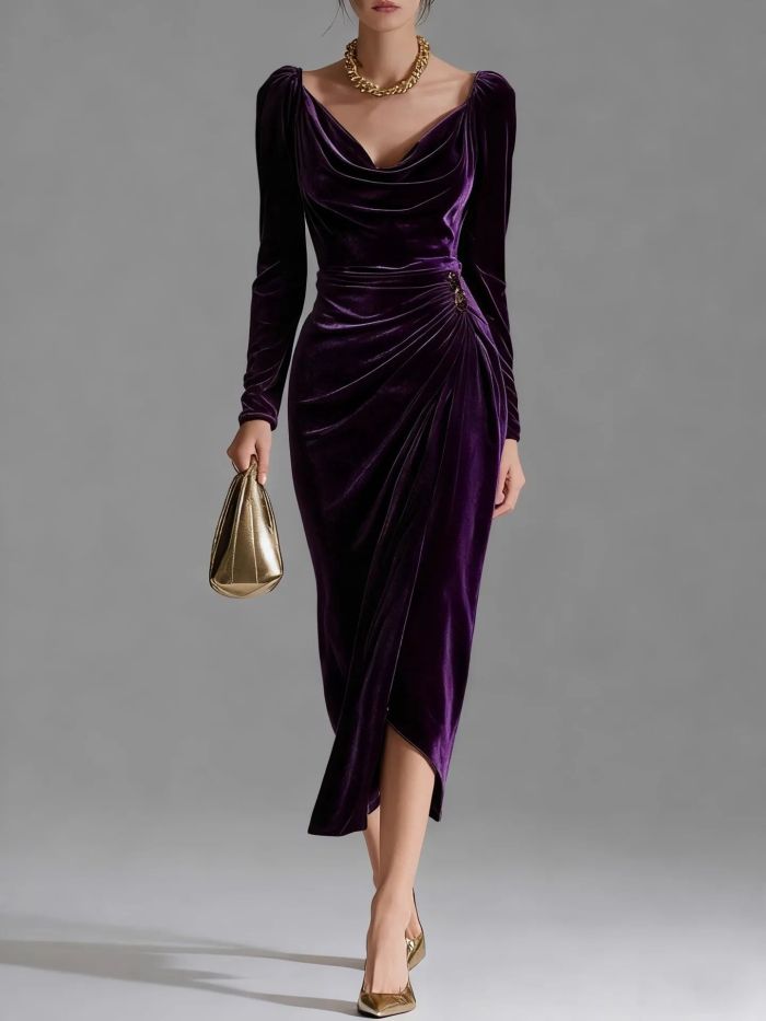 Women's Casual Gold Velvet Sexy New Long-Sleeve Slim Pleated Long Split Bodycon Dress