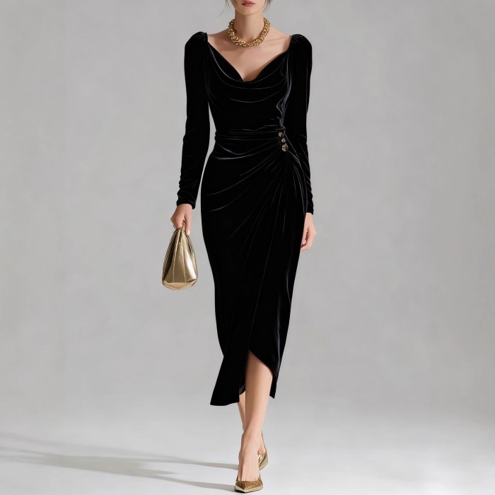 Women's Casual Gold Velvet Sexy New Long-Sleeve Slim Pleated Long Split Bodycon Dress