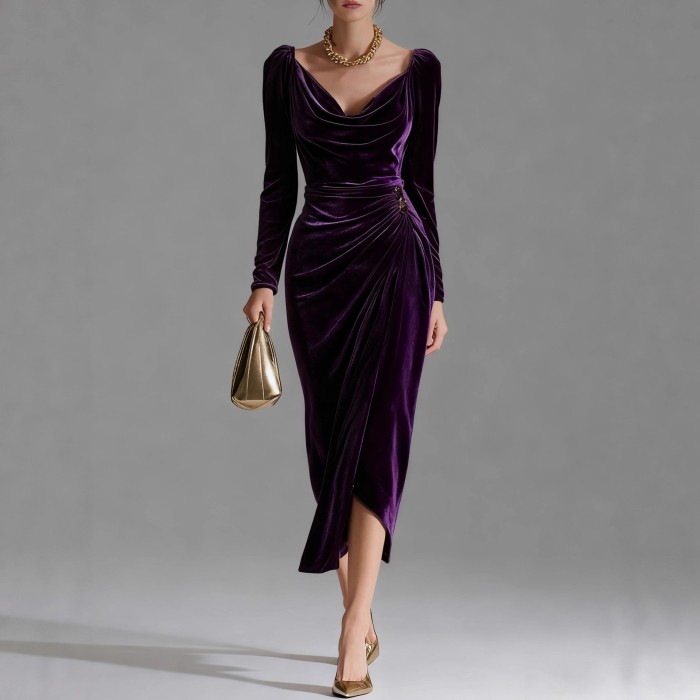 Women's Casual Gold Velvet Sexy New Long-Sleeve Slim Pleated Long Split Bodycon Dress