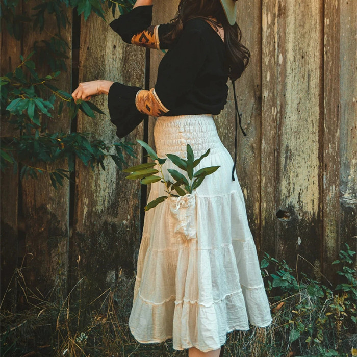 Summer New Elastic Waist Pocket Skirts Elegant Pleated Women's Commute A-line Skirt Casual Solid Color Bohemian Loose Half Skirt