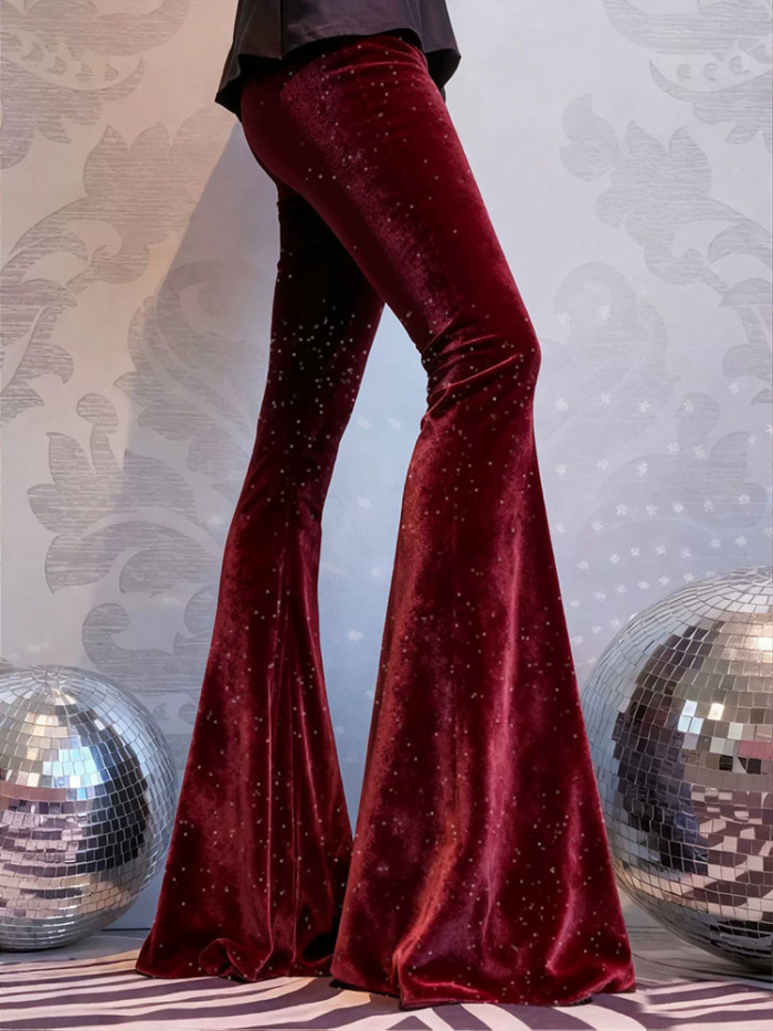 Autumn Winter New Women Solid Color Commute Trousers Elegant Slim Temperament Pant Vintage Velvet Sequins High Waist Flare Pants