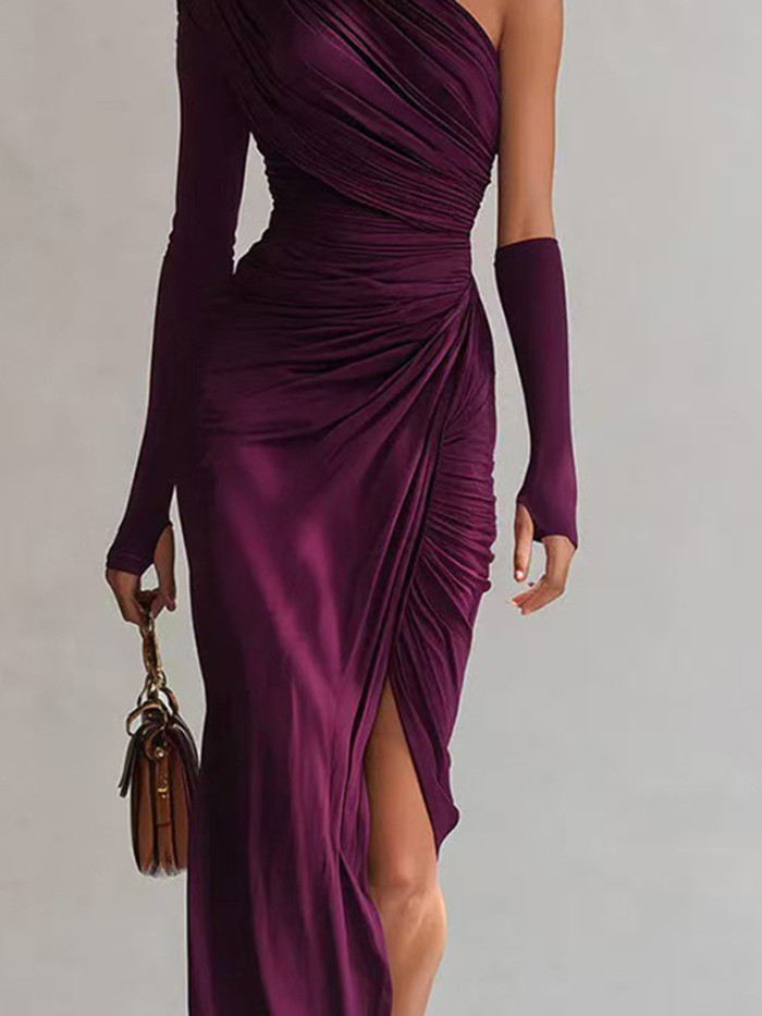 Elegant One-shoulder High Waist Party Dress New Pleated Slim Wrap Hips Dresses Sexy Slash Collar Asymmetry Solid Evening Dress