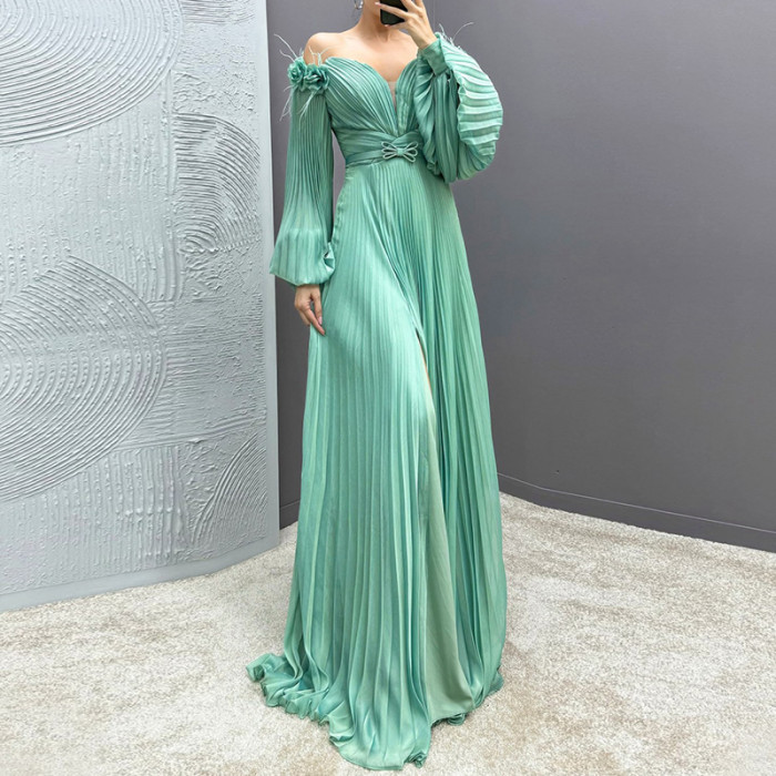 Luxury Long Sleeve Solid Big Hem Maxi Dress Temperament High Waist Lady Dress V-neck Off Shoulder Pleat Evening Dress for Women