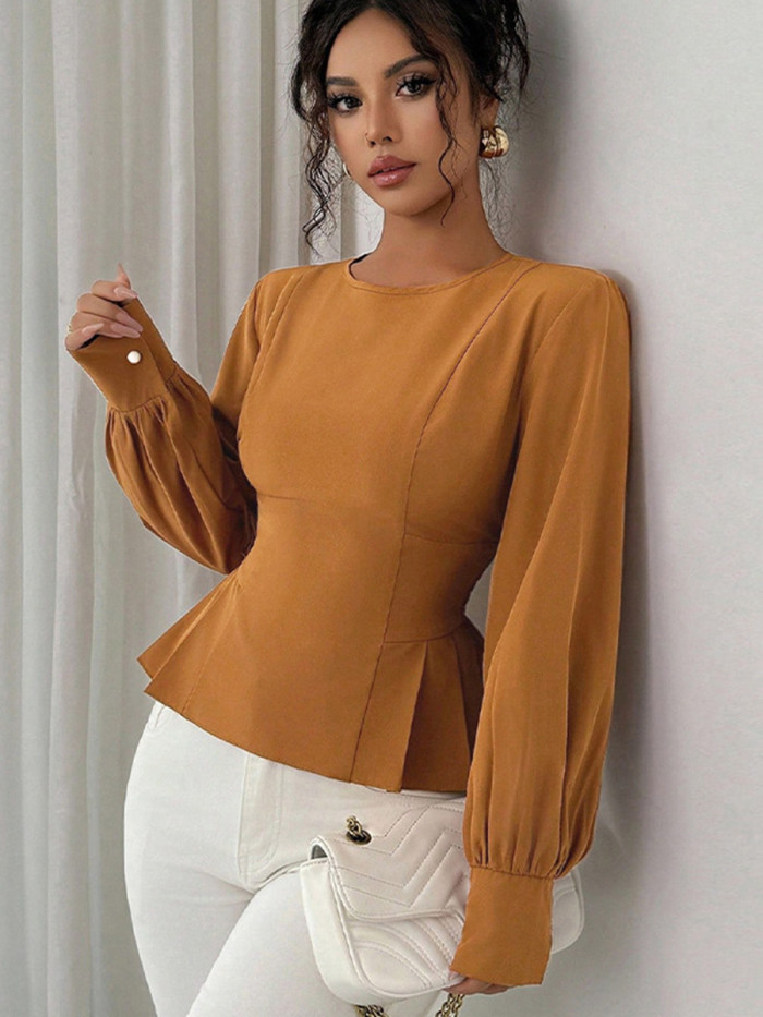 Solid Color Ruffled Puff Sleeve Asymmetric Blouse ✨