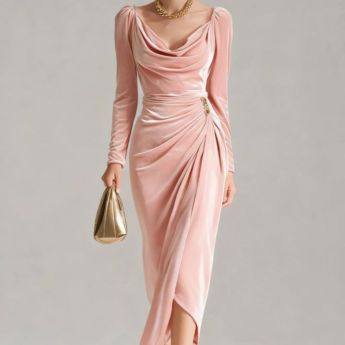 Women's Casual Gold Velvet Sexy New Long-Sleeve Slim Pleated Long Split Bodycon Dress
