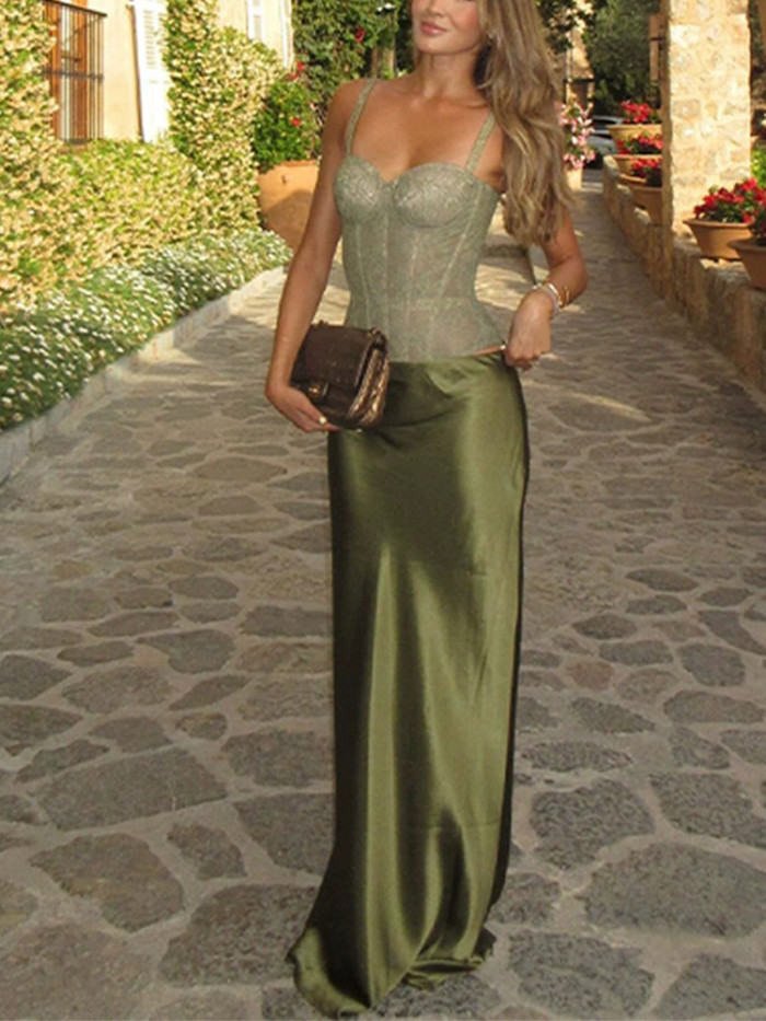 Elegant Luxury Women's Outfit Sexy Lace Slim Halter Bodysuits&Half Skirts Set Summer New Women High Waist Satin Long Skirts Sets