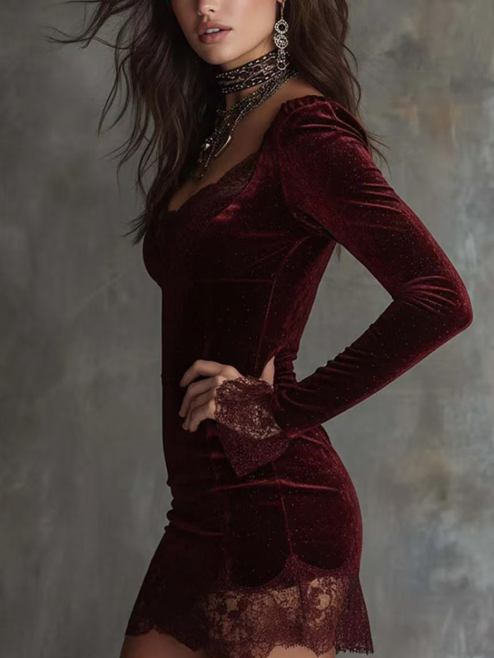 Sexy French Retro! V - neck Lace - Spliced Velvet Banquet Dress✨