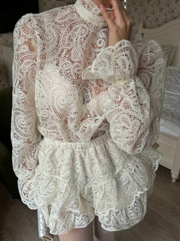 Elegant Solid Hollow Out Vacation Sets Spring New Women Loose Commute 2PC French Style Lace Lantern Sleeve Tops&Mini Skirts Sets