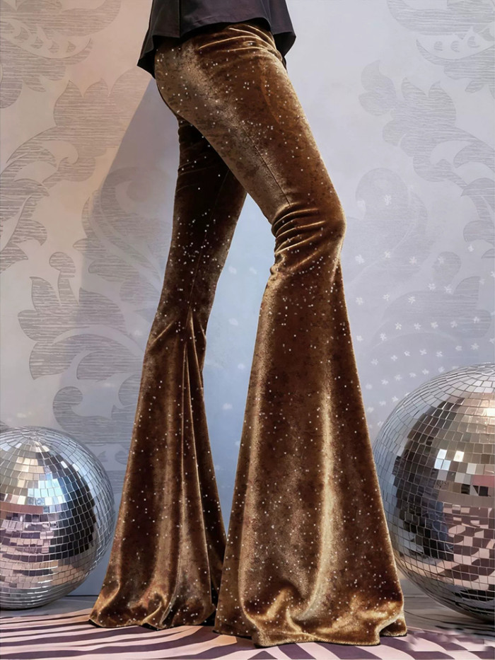 Autumn Winter New Women Solid Color Commute Trousers Elegant Slim Temperament Pant Vintage Velvet Sequins High Waist Flare Pants