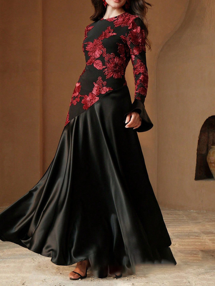 Temperament High Waist Dresses Vintage O-neck Embroidery Spliced Satin Evening Dress Elegant Flare Sleeve Women's Pleated Dress