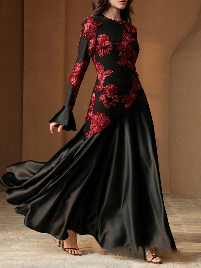 Temperament High Waist Dresses Vintage O-neck Embroidery Spliced Satin Evening Dress Elegant Flare Sleeve Women's Pleated Dress