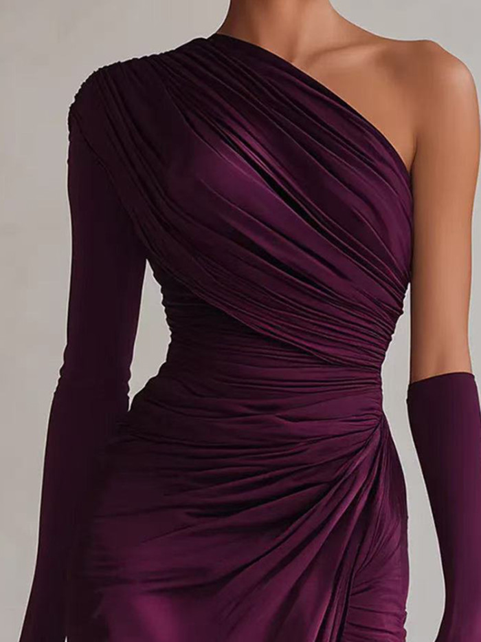 Elegant One-shoulder High Waist Party Dress New Pleated Slim Wrap Hips Dresses Sexy Slash Collar Asymmetry Solid Evening Dress