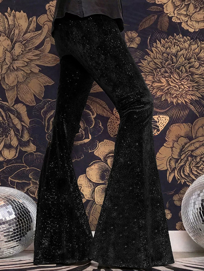 Autumn Winter New Women Solid Color Commute Trousers Elegant Slim Temperament Pant Vintage Velvet Sequins High Waist Flare Pants