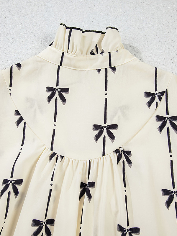 Split-Joint Printed Contrast Color Bowknot Short Sleeves Ruffle Sleeves Stand Collar Midi Dresses