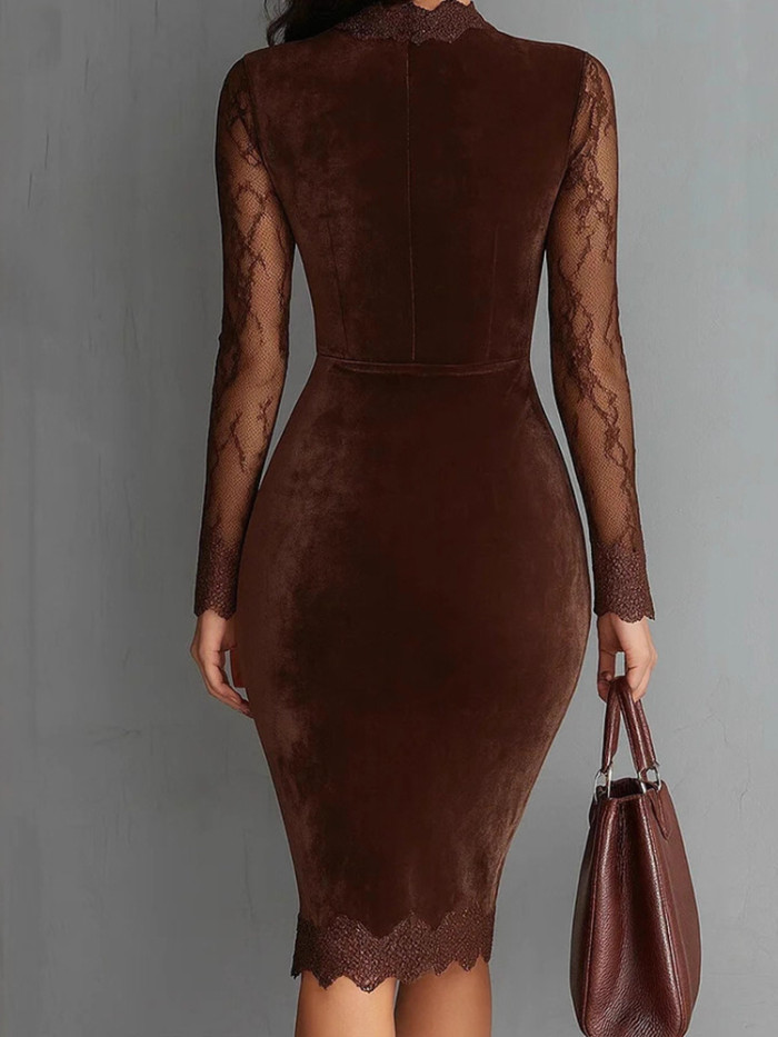 ✨Vintage Lace See-through Sleeve Velvet Dress | Women's Elegant High Waist Slim Party Dress✨