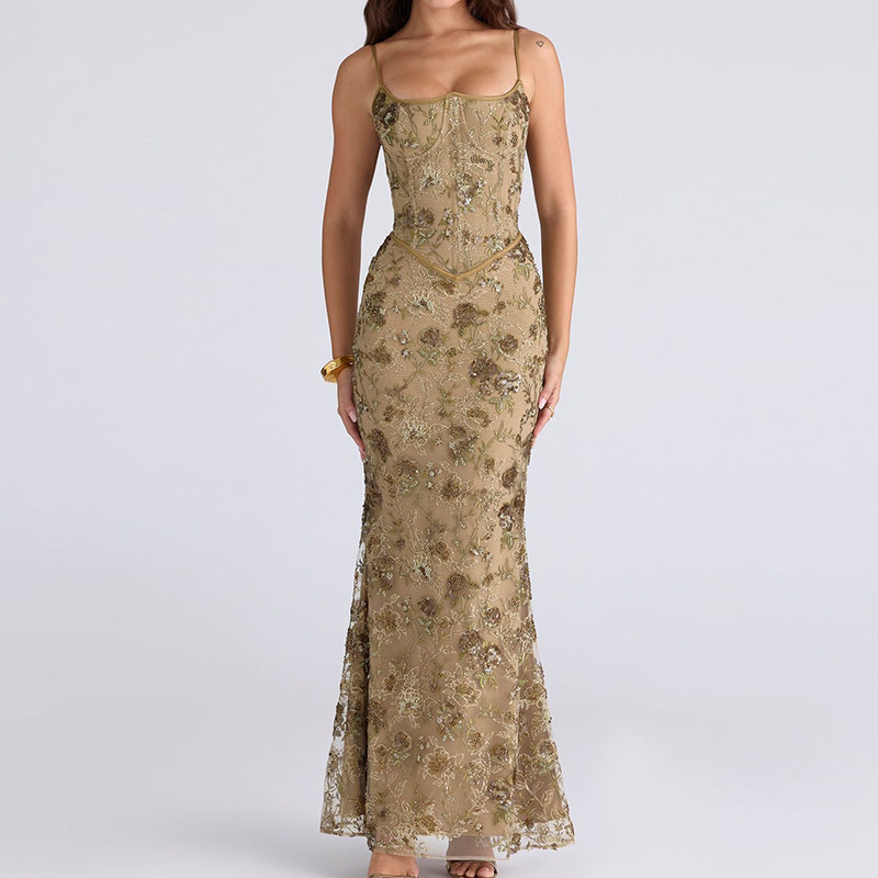 Trendy Lace Embroidery Slim Fishtail Dress Luxury Halter Hollow Out Banquet Dress Sexy Backless Shiny Sequin Evening Party Dress